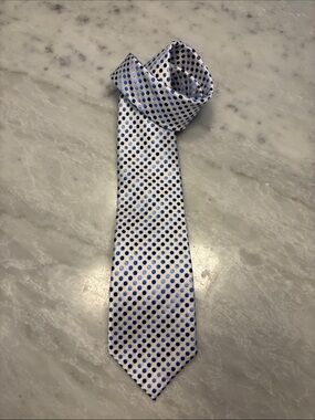 Geoffrey Beene White Tie with Blue Polka Dots Pattern